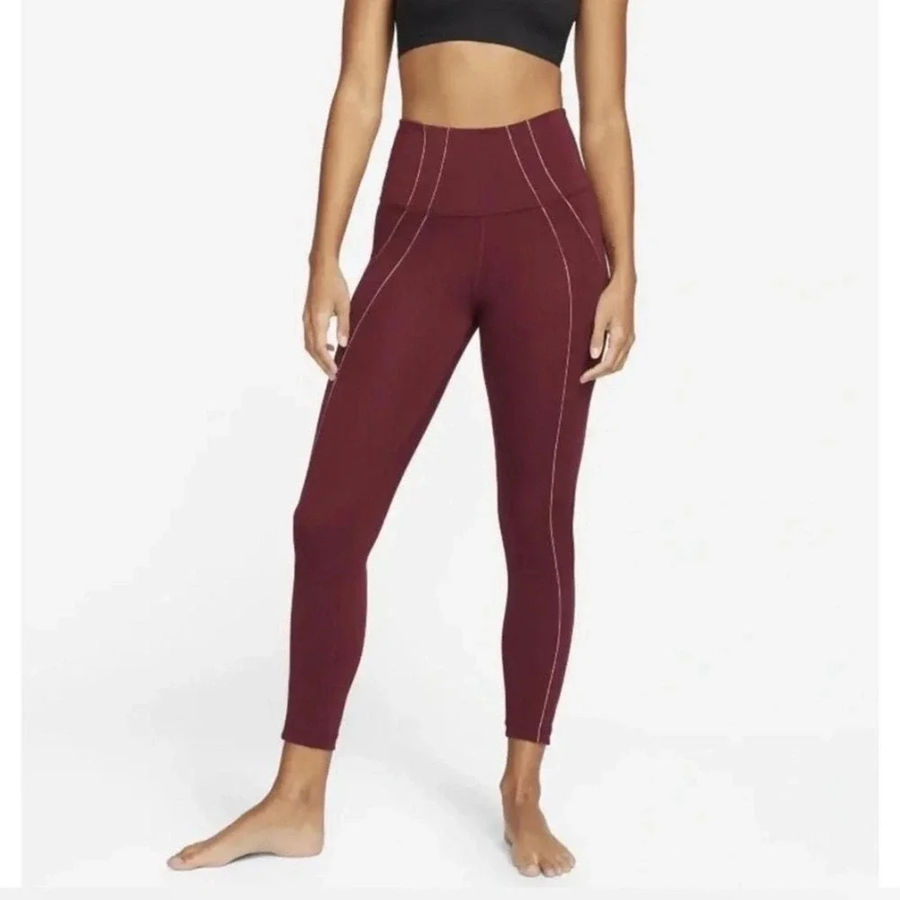 Nike Yoga Dri-FIT High Waisted Leggings Burgundy Rose Gold Metallic Trim Small